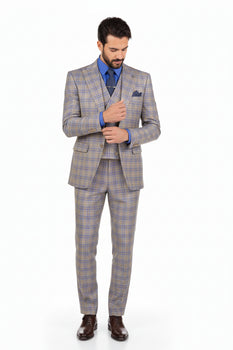 Blue Modern Fit Windowpane Peak Lapel 3 Piece Suit - Image 3