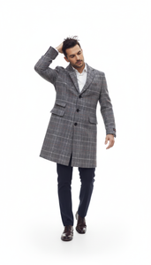 Mens Plaid Overcoat - Checkered Carcoat - 100% Wool Three Quarter Peacoat