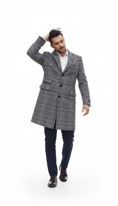 Mens Plaid Overcoat - Checkered Carcoat - 100% Wool Three Quarter Peacoat