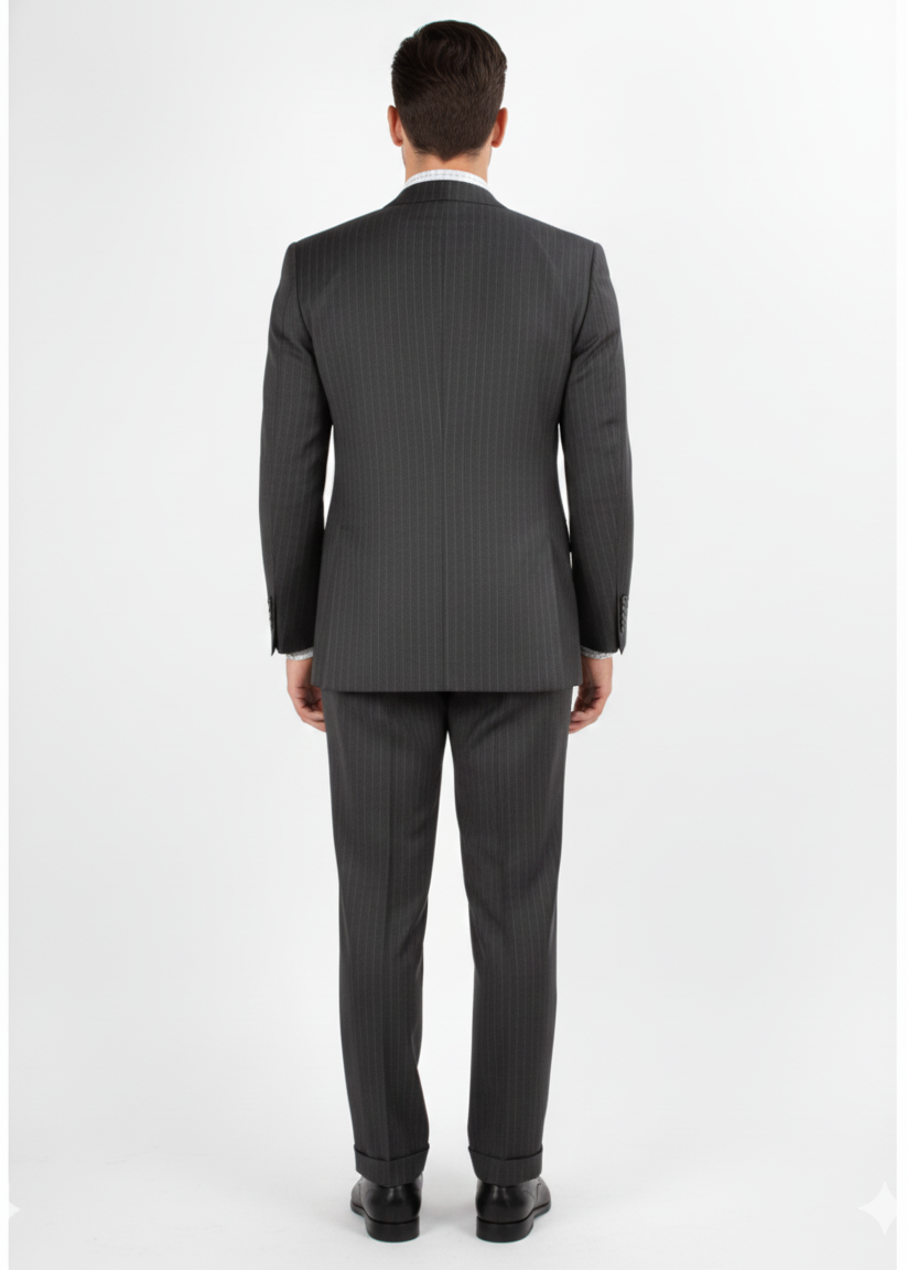 Men'S 2 Piece 100% Executive Suit - Charcoal With Silver Stripe ~ Pinstripe - 100% Percent Wool Fabric Suit - Worsted Wool Business Suit - Image 3