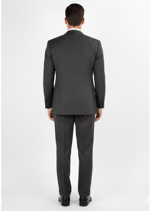 Men'S 2 Piece 100% Executive Suit - Charcoal With Silver Stripe ~ Pinstripe - 100% Percent Wool Fabric Suit - Worsted Wool Business Suit