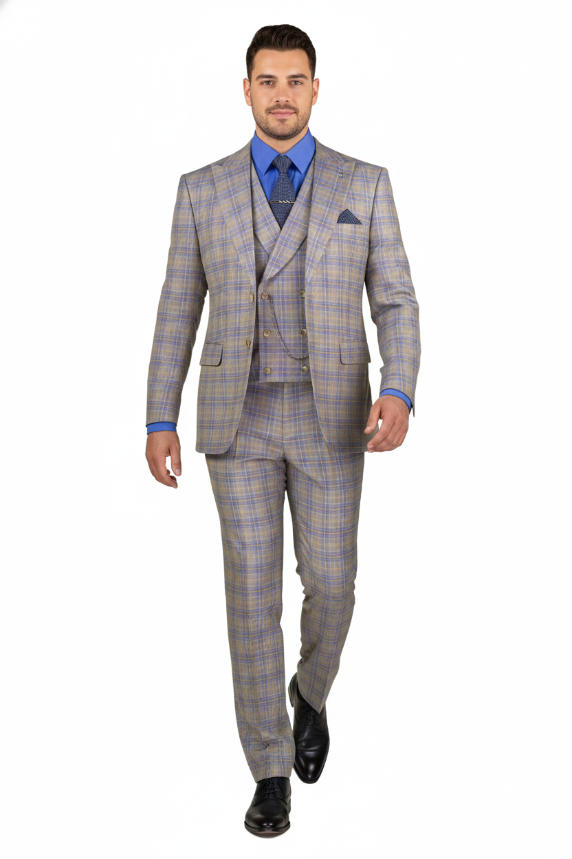 Blue Modern Fit Windowpane Peak Lapel 3 Piece Suit - Image 2