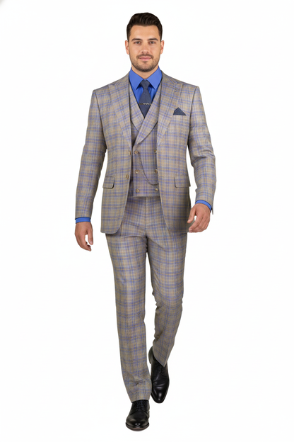 Blue Modern Fit Windowpane Peak Lapel 3 Piece Suit - Image 2