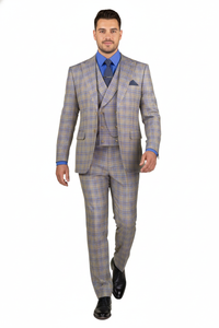 Blue Modern Fit Windowpane Peak Lapel 3 Piece Suit