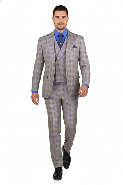 Blue Modern Fit Windowpane Peak Lapel 3 Piece Suit