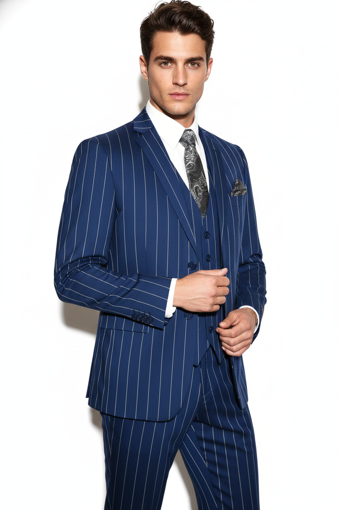 Men's Bold Gangster 1920s Vintage Navy Blue ~ White Gangster Bold Stripe 2 Button Vested Dress Suits for Men - Image 4