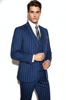 Men's Bold Gangster 1920s Vintage Navy Blue ~ White Gangster Bold Stripe 2 Button Vested Dress Suits for Men - Image 4