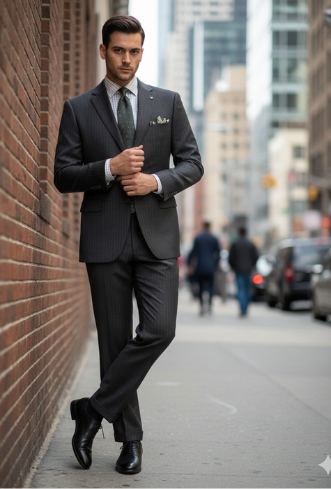 Men'S 2 Piece 100% Executive Suit - Charcoal With Silver Stripe ~ Pinstripe - 100% Percent Wool Fabric Suit - Worsted Wool Business Suit