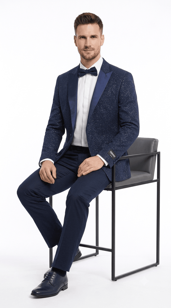 Mens Navy Blue Tuxedo Sparkly Shiny Dinner Jacket + Pants