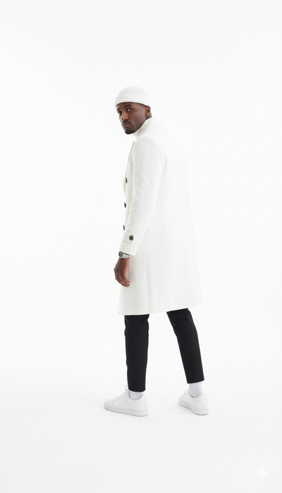 Mens Cashmere & Wool White Double Breasted Overcoat ~ Car Coat