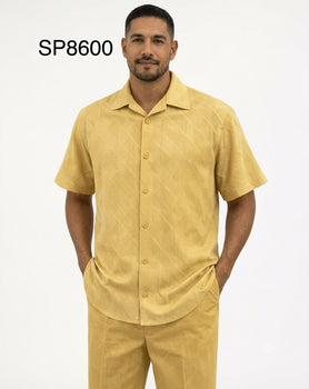 Men’s Light Mustard Linen Walking Suit Set – 2 Piece Short Sleeve Casual Outfit