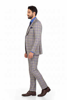 Blue Modern Fit Windowpane Peak Lapel 3 Piece Suit - Image 7