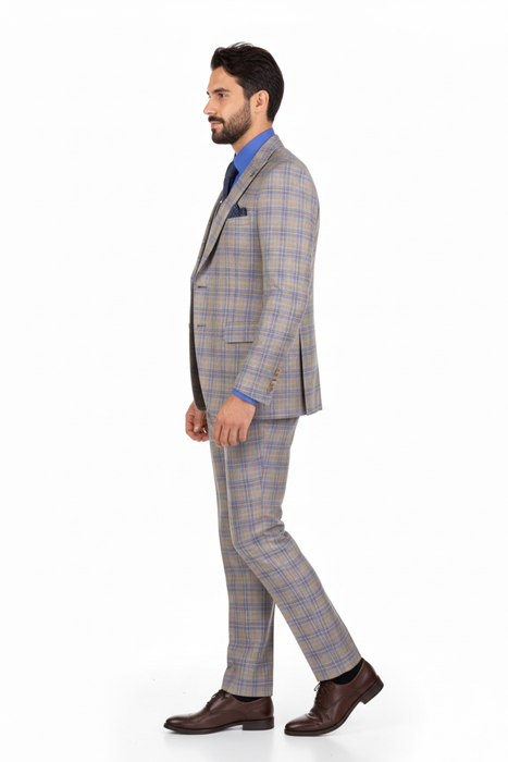 Blue Modern Fit Windowpane Peak Lapel 3 Piece Suit