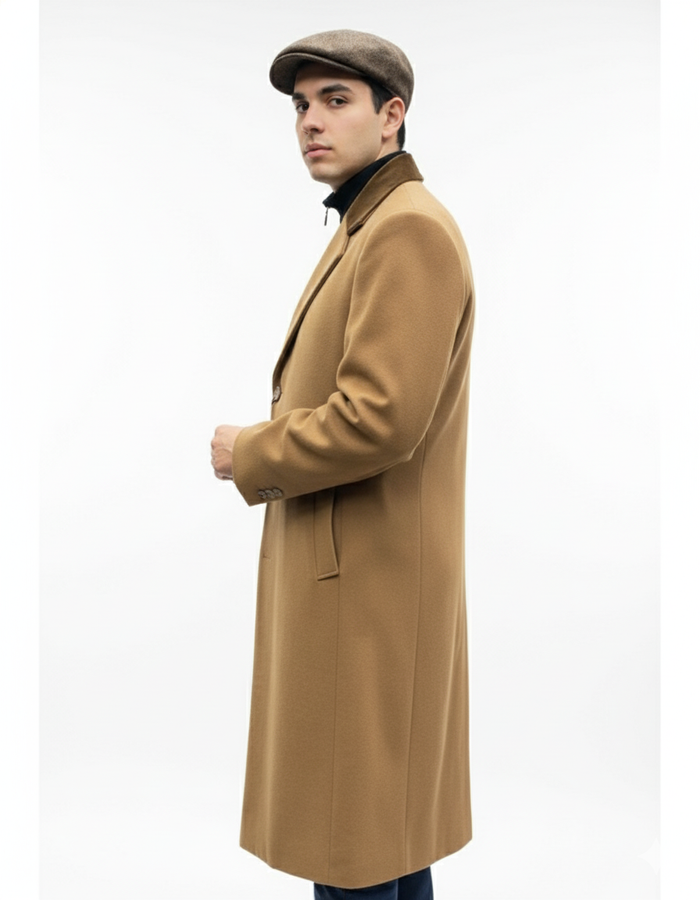 Chesterfield Camel Overcoat With Brown Velvet Collar - Cashmere Blend Topcoat - Full Length Overcoat - Image 5