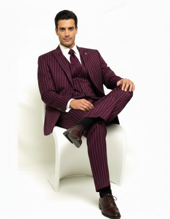 Men's Gangster Bold PinStripe Stripes Chalk Pinstripe Vested 3 Piece Fashion Suit 1920;s 30s Fashion in 10 Colors Collection For August/1/2021