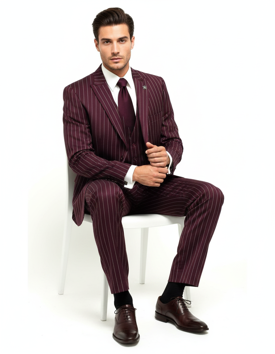 Men's Gangster Bold PinStripe Stripe Chalk Pinstripe Vested 3 Piece Fashion Suits 1920;s 30s Fashion in 10 Colors Collection For August/1/2021 - Image 4