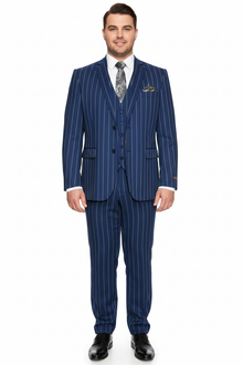Men's Bold Gangster 1920s Vintage Navy Blue ~ White Gangster Bold Stripe 2 Button Vested Dress Suits for Men