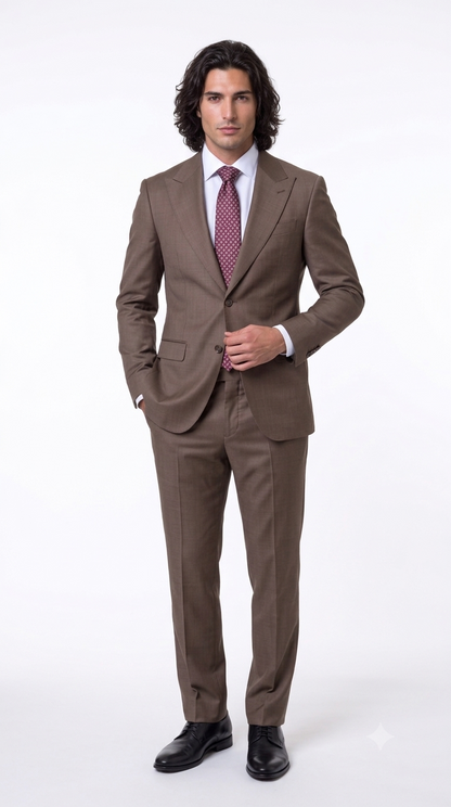 Statement Men's Modern Fit 2 Piece 100% Super 200 Wool Suit Peak Lapel in Taupe - image 7