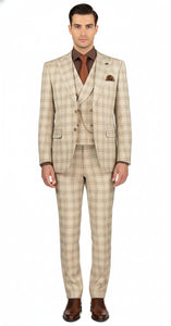 Khaki Plaid Suit - Vested Suit - 3 Piece Suits - Peak Lapel Suits - Windowpane Suit - 2 Button