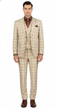 Khaki Plaid Suit - Vested Suit - 3 Piece Suits - Peak Lapel Suits - Windowpane Suit - 2 Button