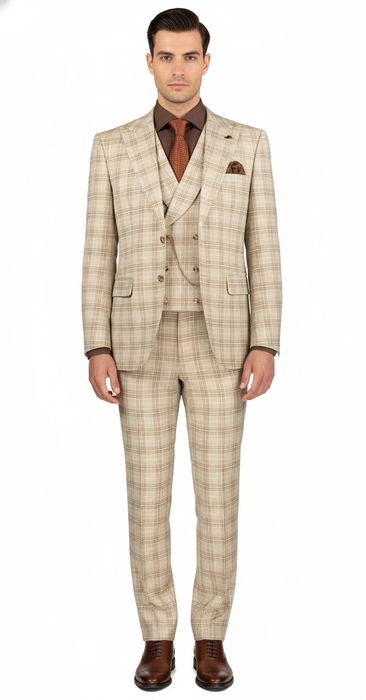 Khaki Plaid Suit - Vested Suit - 3 Piece Suits - Peak Lapel Suits - Windowpane Suit - 2 Button