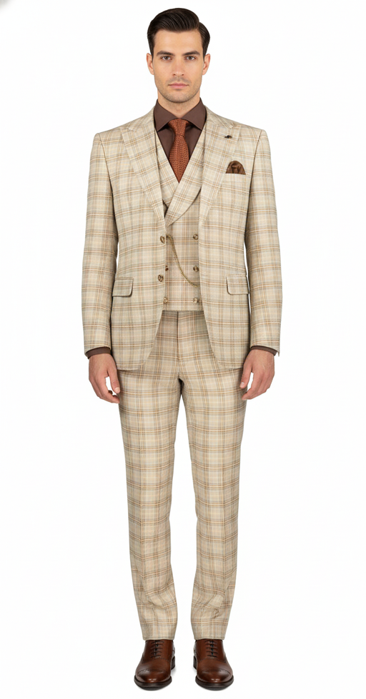 Khaki Plaid Suit - Vested Suit - 3 Piece Suits - Peak Lapel Suits - Windowpane Suit - 2 Button