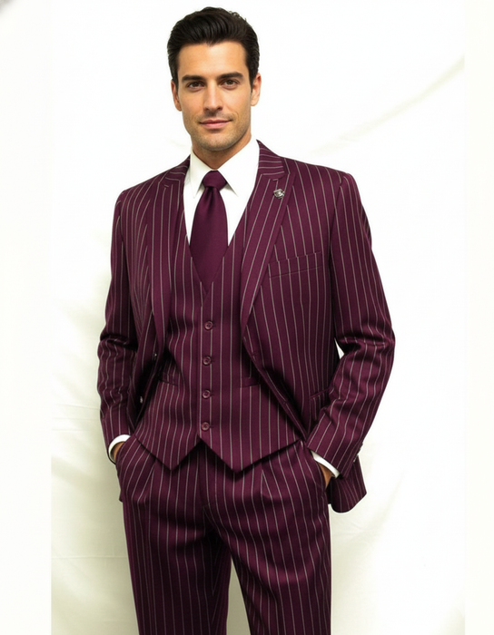 Men's Gangster Bold PinStripe Stripes Chalk Pinstripe Vested 3 Piece Fashion Suit 1920;s 30s Fashion in 10 Colors Collection For August/1/2021