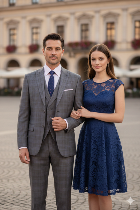 Mens 2 Button Vested Peak Lapel Plaid Suit in Grey