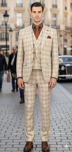 Khaki Plaid Suit - Vested Suit - 3 Piece Suits - Peak Lapel Suits - Windowpane Suit - 2 Button