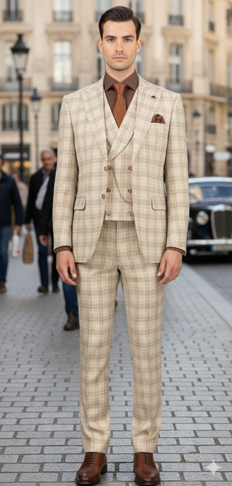 Khaki Plaid Suit - Vested Suit - 3 Piece Suits - Peak Lapel Suits - Windowpane Suit - 2 Button
