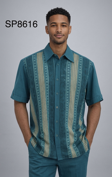 Men’s Teal Vertical Pattern Walking Suit Set – 2 Piece Short Sleeve Casual Outfit