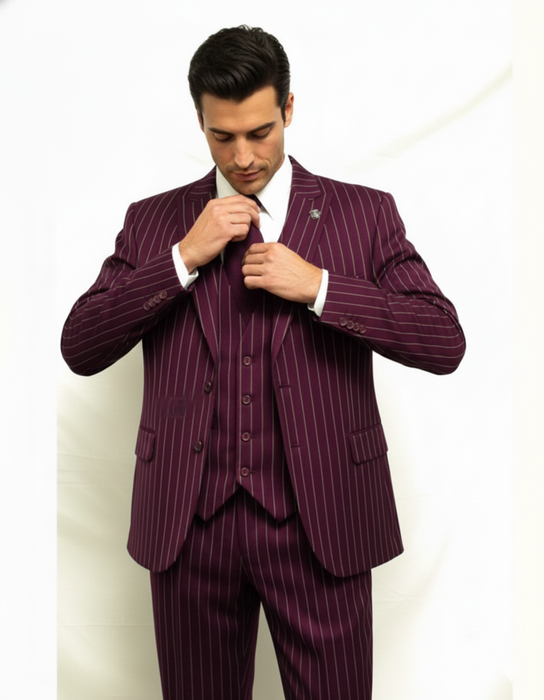 Men's Gangster Bold PinStripe Stripes Chalk Pinstripe Vested 3 Piece Fashion Suit 1920;s 30s Fashion in 10 Colors Collection For August/1/2021