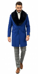 Mens Royal Blue Overcoat - Blue Topcoat  With Fur Collar - Mens Car Coat