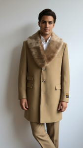 Men's Camel Three Button  Full Length Overcoat Men's Carcoat - Car Coat Mid Length Three quarter length coat