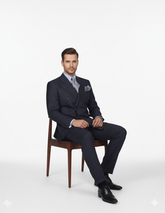 High Quality Dark Navy Blue Suit For Men & Chalk Bold White Pinstripe Double Breasted  100% Poly-Ray Suit