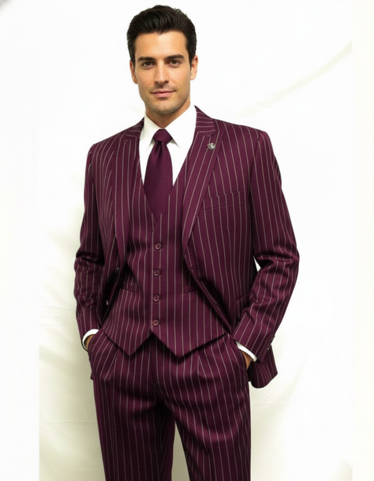 Men's Gangster Bold PinStripe Stripes Chalk Pinstripe Vested 3 Piece Fashion Suit 1920;s 30s Fashion in 10 Colors Collection For August/1/2021