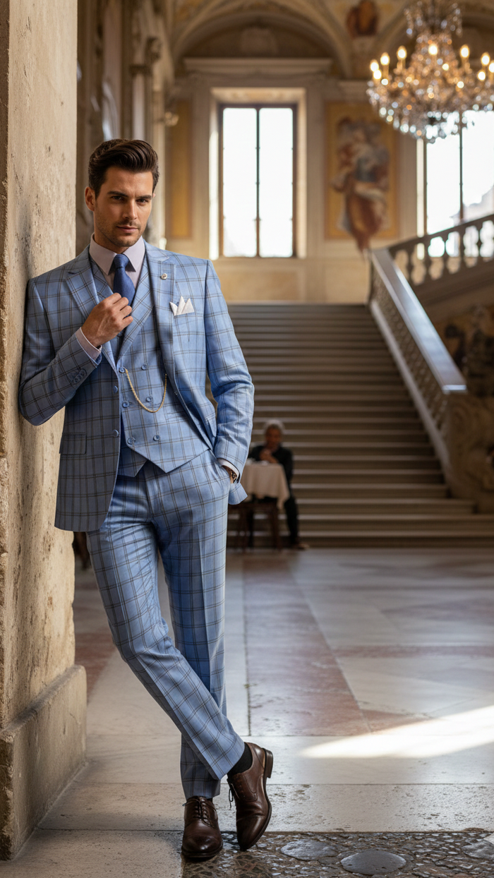 Lazio Collection - Modern Fit Windowpane Suit 3 Piece in Light Blue - Image 8