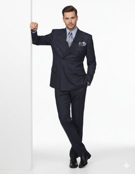 High Quality Dark Navy Blue Suit For Men & Chalk Bold White Pinstripe Double Breasted  100% Poly-Ray Suit - Image 6