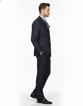 High Quality Dark Navy Blue Suit For Men & Chalk Bold White Pinstripe Double Breasted  100% Poly-Ray Suit - Image 7