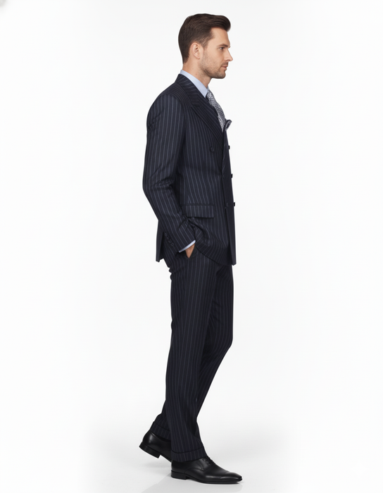 High Quality Dark Navy Blue Suit For Men & Chalk Bold White Pinstripe Double Breasted  100% Poly-Ray Suit
