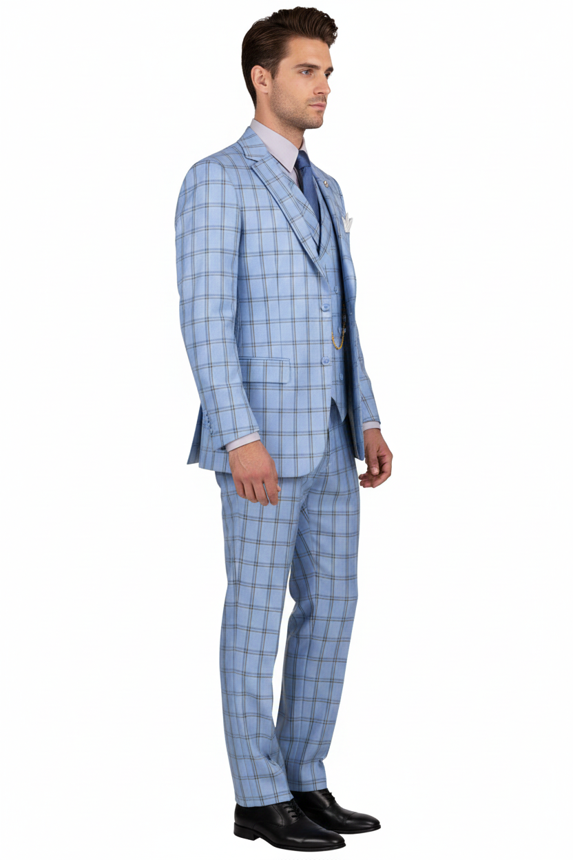 Lazio Collection - Modern Fit Windowpane Suit 3 Piece in Light Blue - Image 9