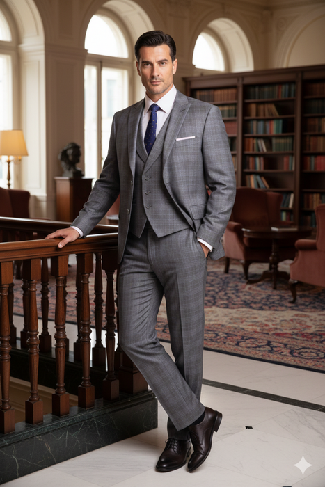 Mens 2 Button Vested Peak Lapel Plaid Suit in Grey