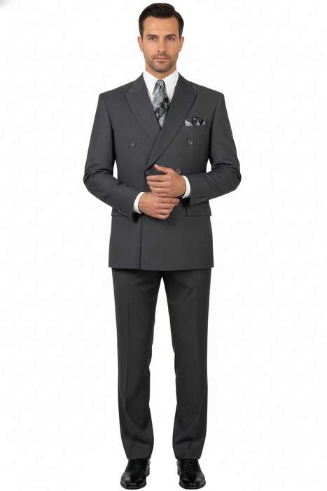 Mens Classic Wool Feel Double Breasted Suit in Heather Grey