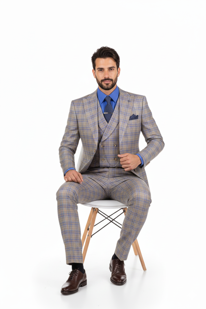 Blue Modern Fit Windowpane Peak Lapel 3 Piece Suit - Image 4