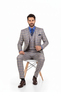 Blue Modern Fit Windowpane Peak Lapel 3 Piece Suit