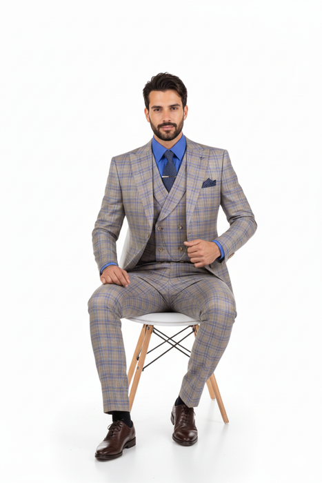 Blue Modern Fit Windowpane Peak Lapel 3 Piece Suit
