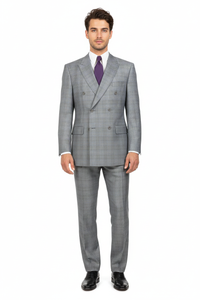 Mens Classic Wool Feel Double Breasted Glen Plaid Suit in Grey