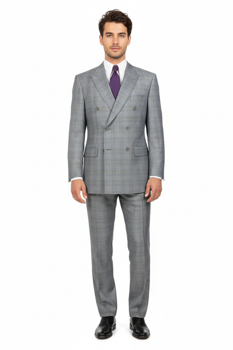 Mens Classic Wool Feel Double Breasted Glen Plaid Suit in Grey