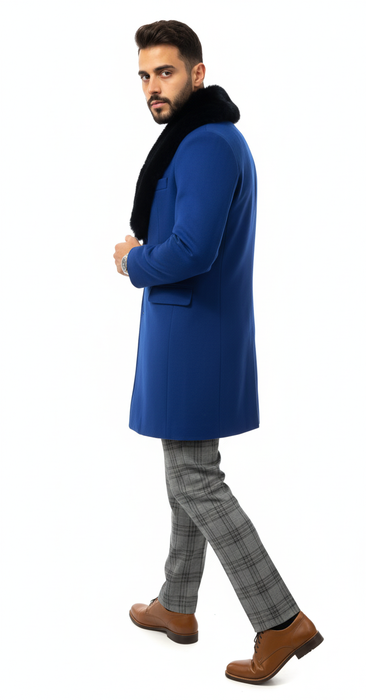 Mens Royal Blue Overcoat - Blue Topcoat  With Fur Collar - Mens Car Coat