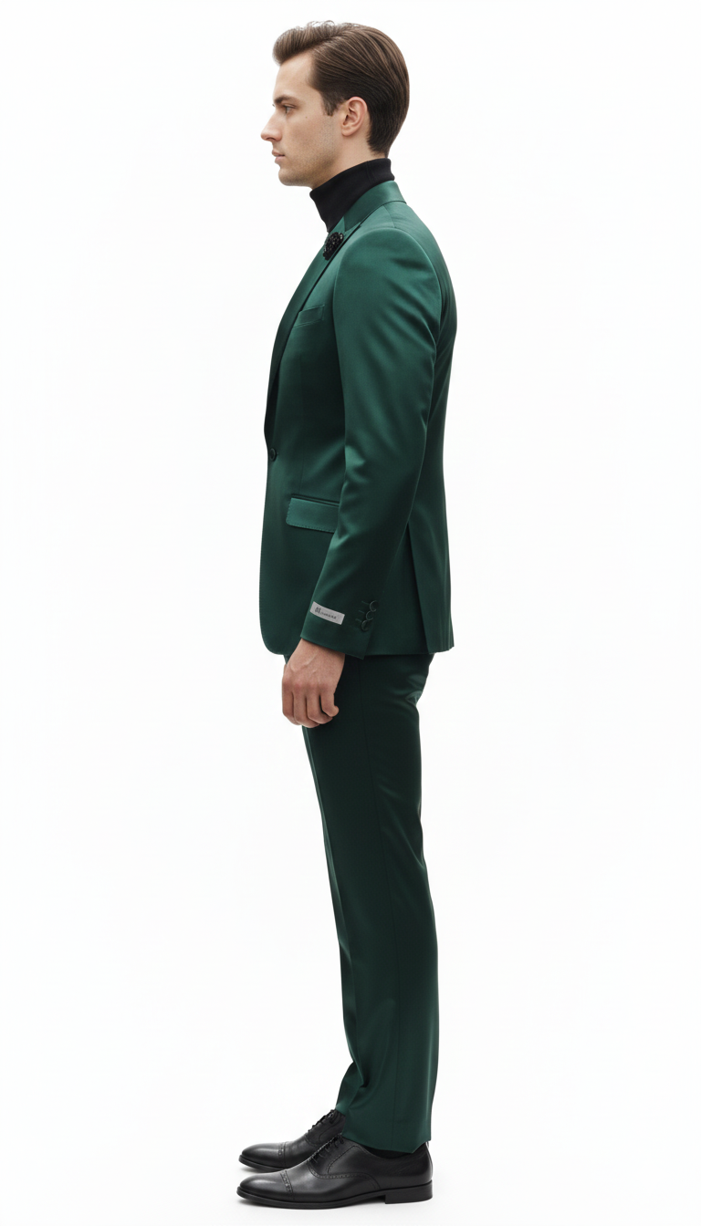 Mens Single Breast Green Sateen Shiny Fabric Metallic Fabric - Sharskin Suit